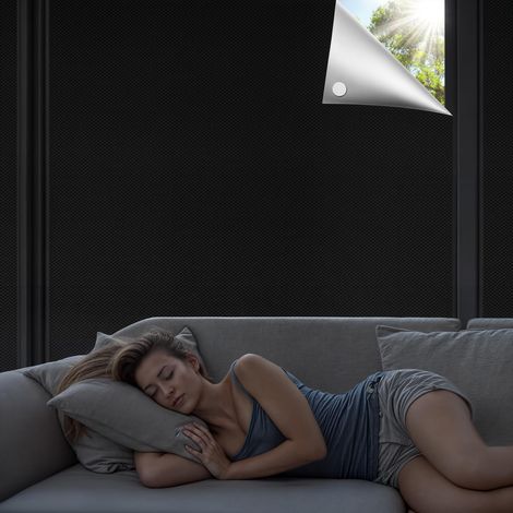 Store enrouleur occultant sans perçage - 400 x 150 cm - Pour fenêtre de toit - Film occultant portable - Protection solaire - 100 % opaque - Noir argenté (1/5)