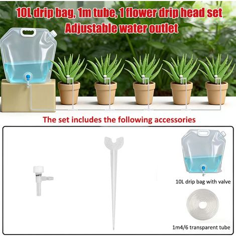 (Tuyau d'eau de 1 mètre, 1 régulateur) Sac d'arrosage automatique pour plantes avec système d'irrigation goutte à goutte et dispositif d'arrosage à débit lent. (1/5)
