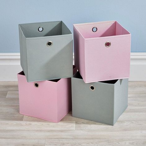 Folding 2 Pink 2 Grey Square Storage Utility Box Fabric Cube 4pc Set Basket Bag (1/4)