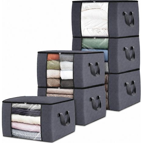Sacs de rangement non tissés, organisateur pliable et anti-poussière pour couettes et vêtements, 90 L, gris, lot de 6 60 L (lot de 6) (1/5)