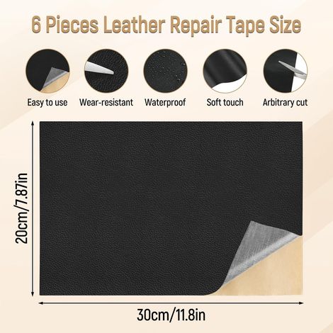 Kit de réparation autocollant pour synthétique patchs imperméables noirs pour canapés sièges auto sacs 20 x 30 cm 6 pièces Cuir (1/4)