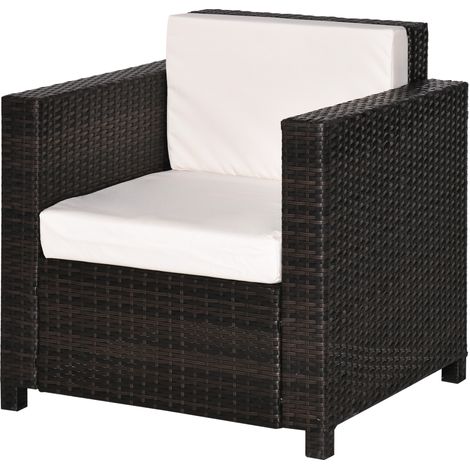 Single Seater Rattan Chair, PE Wicker Garden Armchair with 10 cm Thickened Cushion, All-Wear Rattan Garden Chair with Armrests, Brown (1/5)
