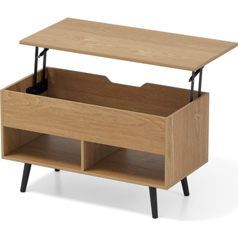 Tavolino da caffè moderno con scomparto nascosto e 2 scaffali aperti, Tavolino per soggiorno in legno Naturale (1/4)