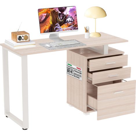 Scrivania con Cassettiera Tavolo Porta Pc Computer Acciaio Piano in Legno Olmo (1/5)