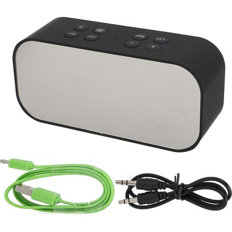 Cadeau de bureau : Enceinte Bluetooth sans fil, double haut-parleur, lecteur de cartes, miroir, réveil numérique électronique double, noir (1/5)