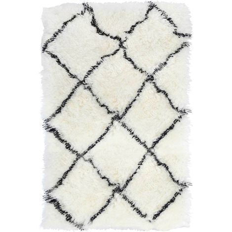 Tapis moderne blanc et noir cosy et élégant - Blanc avec motifs noirs géométriques