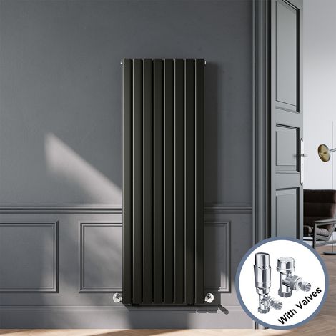 ELEGANT Black Designer Vertical Radiator Double Panel Rads 1600 x 544mm with Chrome Angled Thermostatic Radiator Valves (1/5)