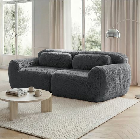 Sofá modular de 2 plazas sin estructura de tela peluche con cojines gris DESVIAE (1/5)