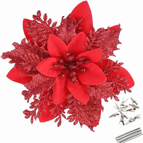 5 pièces décorations de noël, fleurs de noël artificielles avec clips, guirlande d'arbre de noël scintillante pendentifs de fleurs artificielles (1/5)