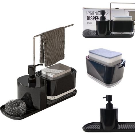 Distributeur de Liquide Vaisselle de Cuisine,Organiseur D'évier de Cuisine,Distributeur Savon Porte-éponge de Qualité Supérieure 5 en 1,avec Éponge, Porte-Serviettes (1/5)