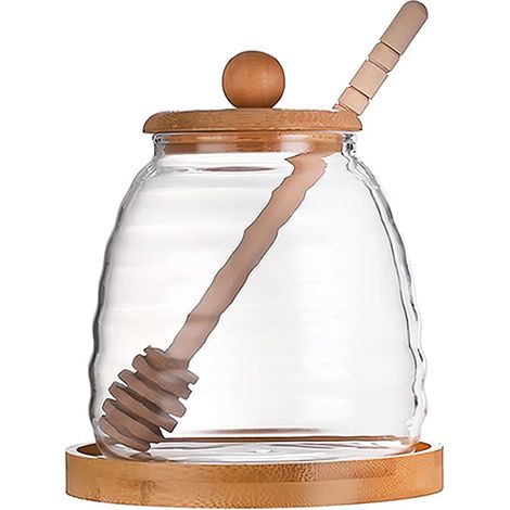JeiibrZui Honigglas-Set – 473 ml – mit Bambusdeckel und Holzlöffel – transparent – für Honig, Sirup und Saucen in Küche, Café und auf dem Esstisch (1/5)