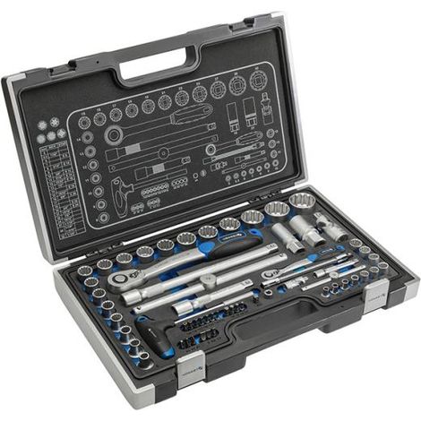 Högert Technik - Cassetta Attrezzi, Set Attrezzi, Valigetta Attrezzi, Set Utensili, Kit Attrezzi, Chiavi a Bussola, Punte e Accessori 1/4", 1/2", Meccanismo a Cricchetto 72 Denti - HT1R470, 60 Pezzi