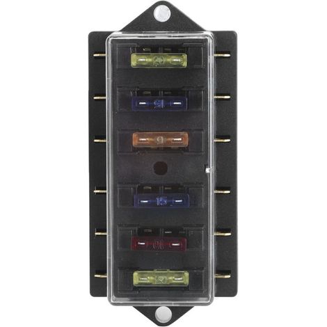 Boîte Porte-fusible à Lame 6 Voies 12-36V 6 Entrées 6 Sorties avec 6 Fusibles, Accessoire Universel pour Voiture et Camion, ABS Transparent, Couleur Métal 90x53x42mm. (1/4)