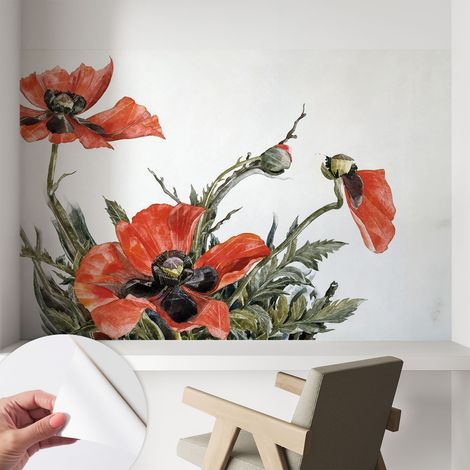 Tapete adhésive moderne pour salon et chambre à coucher Décoration rapide avec colle Coquelicots rouges 104x70 cm (1/5)