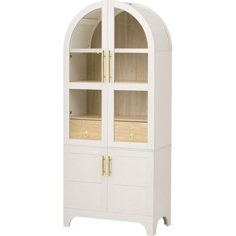 Credenza alta bianca con ripiani regolabili e cassetto, vetro rigato, 76 x 40 x 180 cm (1/5)