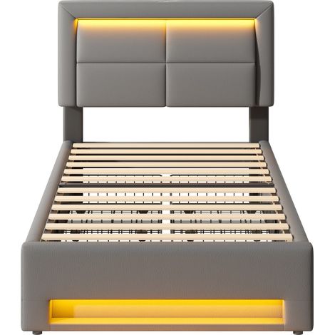 Cama capitoné 90 x 190 cm en PU gris con USB, LED y 4 cajones, sin colchón - MODENUIT (1/5)