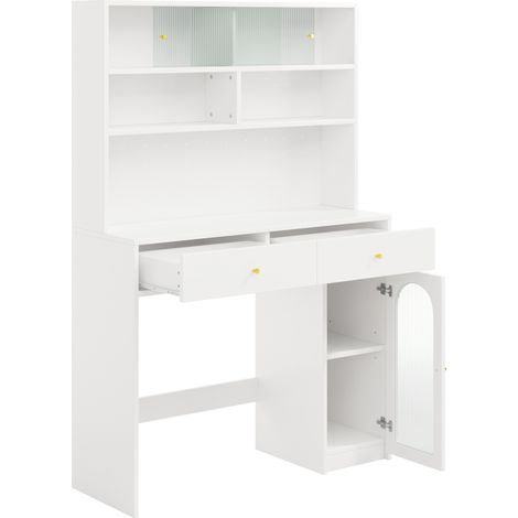Aparador alto de cocina blanco con encimera, 2 cajones, balda ajustable y ganchos (1/5)
