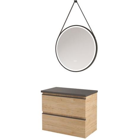 ONDEE - Mueble de baño EBENE - 80cm -Madera - 2 cajones -Encimera negra -Espejo KYARA (1/4)