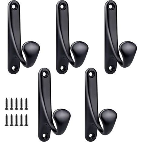 A set of 5 screw-in wall hooks made of zinc alloy - minimalist black style, suitable for entryways, bedrooms and bathrooms, screws included for easy installation. (1/5)