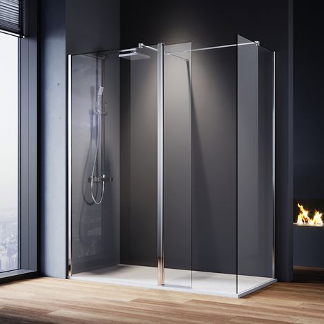 ELEGANT Walk in Shower Enclosure 6mm Tempered Safety Glass (700mm Shower Screens + 300mm Flipper Panel) with 1200x900mm SMC Tray, Waste Trap + 900mm Side Panel