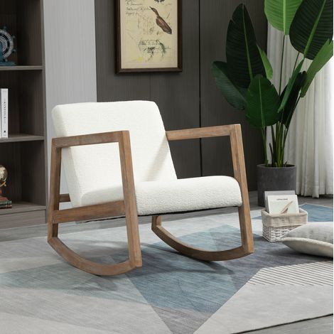 CHICFURN Poltrona a dondolo 60 x 81 x 71 cm in legno color crema, con cuscino imbottito (1/5)