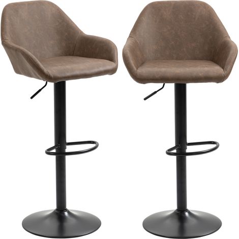Bar Stools Set of 2, Height Adjustable Swivel Barstools, PU Lear Kitchen Stools with Backs, Armrests and Footrest for Home, Counter and Dining Room, Dark Brown (1/5)