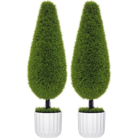 Lot de 2 cyprès artificiels blancs et verts, livrés avec pot et mousse décorative (1/5)