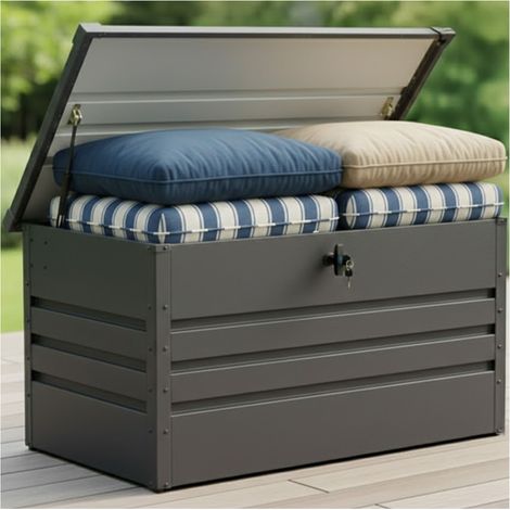 Coffre de Rangement Exterieur 300 L  Etanche  Métal (Acier galvanisé)  100 x 62 x 62 cm  Couleur Anthracite  Couvercle Rabattable  Coffre de Jardin  Ravigarden (1/5)