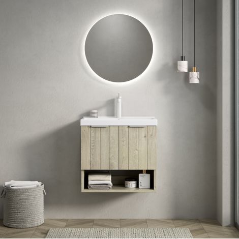 Waschbeckenunterschrank hängend 55 cm modern mit Keramikwaschbecken, 2 Türen und offenem Fach, Eiche hell/Weiß (1/5)