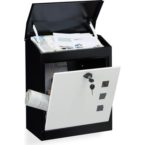 Relaxdays Large Letterbox, Steel, Security Flap, Lock, HxWxD: 53 x 43.5 x 26 cm, Wall Mailbox, Black-White