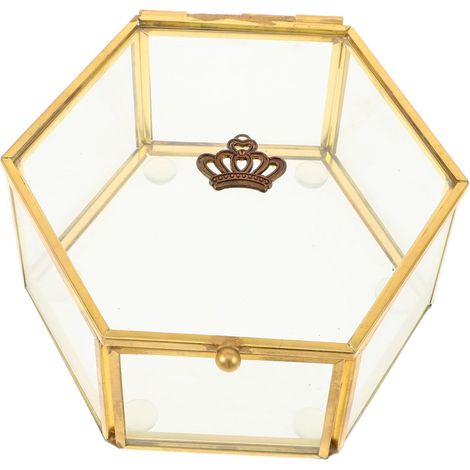 Boîte à Bijoux Verre avec Bordure Doré Boîte Transparente Hexagonale pour Femmes Rangement Élégant Bijoux Présentoir Vintage pour Bagues et Boucles Oreilles Compartiment Sécurisé (1/5)