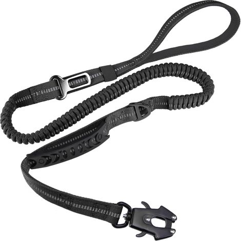 Laisse élastique tactique AinuScinsYoe pour chien - Laisse noire ultra-résistante pour grands chiens avec coutures réfléchissantes, 2 poignées, mousqueton pour ceinture de sécurité, 1,2 à 1,8 m (1/5)