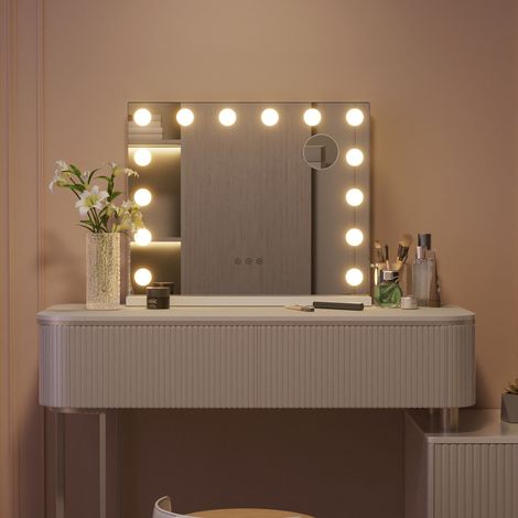 LED Schminkspiegel 50x42 cm – Hollywood Spiegel Kosmetikspiegel mit Beleuchtung, 3 Lichtfarben dimmbar, abnehmbare 10-fach Vergrößerung, Tisch- & Wandspiegel, weiß (1/4)