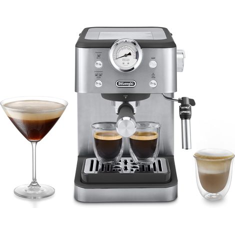 De’Longhi CLASSIC EM450.M Macchina da Caffè Manuale Espresso e Cappuccino, Compatibile con Polvere o Cialde E.S.E., Spegnimento Automatico, Serbatoio Estraibile da 1.7L, Potenza 1325W, 15bar, Metal