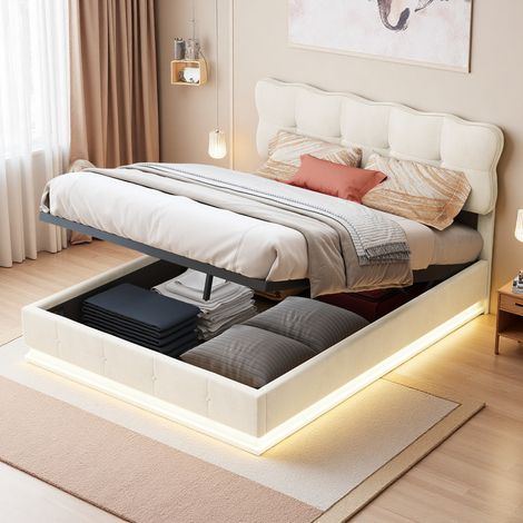 lit coffre 140 x 200 cm,lit double avec LED, lit adulte avec levier hydraulique, tête de lit capitonné, sommier à lattes, velours, beige (1/5)