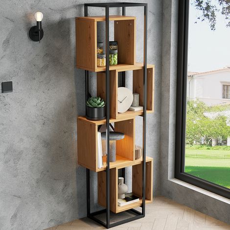 Étagère créative 180x59x30 cm – Bibliothèque métallique ouverte, étagères en MDF, 4 niveaux empilables, pour livres, décorations et collection
