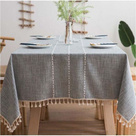 Nappe Rustique à Carreaux à Franges Nappe Coton Lin Anti-Rides pour Tables Rectangulaires 140x180cm (Gris)