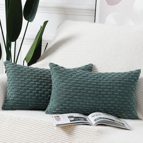 Lot de 2 Housses Coussin Velours Côtelé Boho Vert Foncé 30x50cm (1/5)