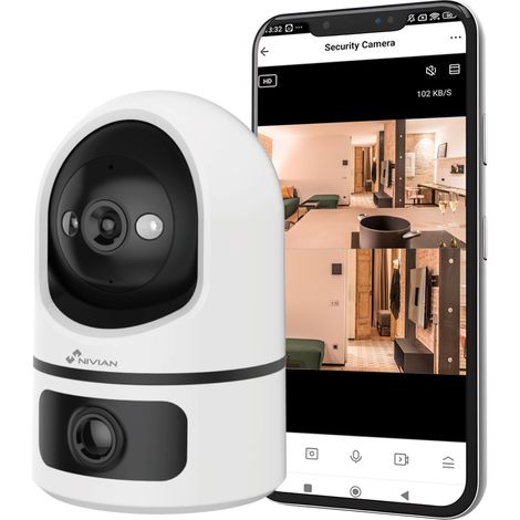 NIVIAN Telecamera Interna WiFi 2K con Doppia Lente – Videosorveglianza Casa senza Angoli Ciechi, Tracciamento Automatico, Rilevamento Persone IA, Audio Bidirezionale, Alexa e Google (1/5)