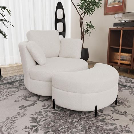 Fauteuil XXL moderne avec pouf de rangement en forme de lune, en sherpa ivoire, 3 coussins amovibles, rembourrage d'assise très élastique – fauteuil de lecture confortable pour le salon, la chambre et