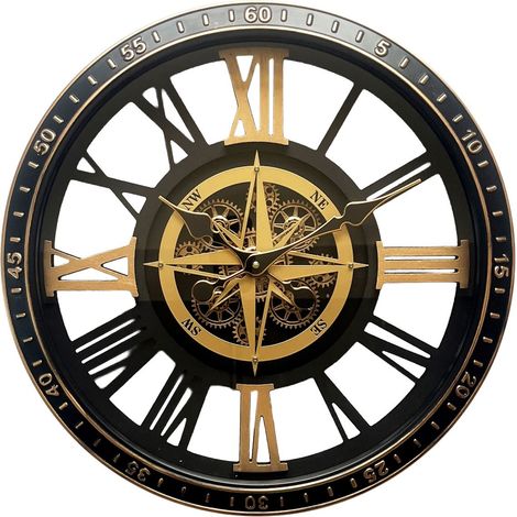 Wanduhr aus schwarzem Metall mit goldener Windrose 50 cm (1/5)