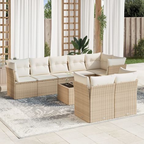 Ensemble Salon Jardin 9 Places Résine Tressée Beige avec Coussins Crème - Table Verre Trempé - Modulaire (1/3)