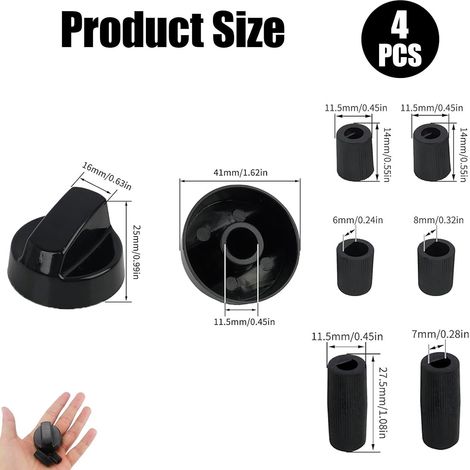 Universal Hob Knobs, Pack of 4 Rotary Knobs in Black, Compatible with Most Hobs, Ovens and Electric Gas Cookers, Includes 12 Adapters (1/4)