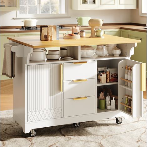 Isola cucina mobile con piani ribaltabili, 3 cassetti, MDF, bianca (1/5)