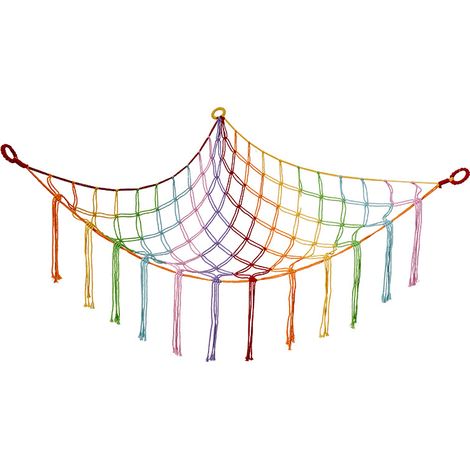 Filet à jouets en corde de coton tissée à la main, rangement mural triangulaire avec pompons, 100 x 100 x 150 cm (1/3)