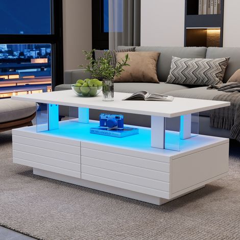 Table basse en acrylique avec LED blanche 100 x 50 x 42 cm, rectangulaire, 2 tiroirs et étagère (1/5)
