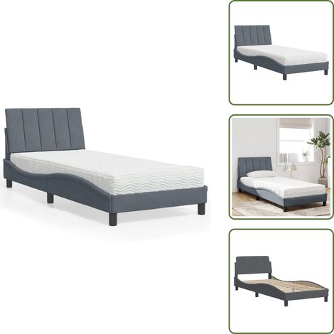 The Living Store Lit avec matelas gris foncé 90x190 cm velours - Lit Double - Lit Capitonné - Lit Design - Lit Velours - Literie (1/5)