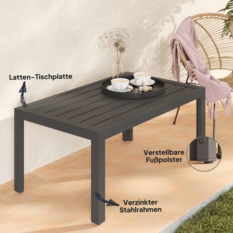 Table basse rectangulaire en métal gris, parfaite pour terrasse ou jardin. Résiste aux intempéries. Dimensions : 101,5 x 61 x 46 cm.