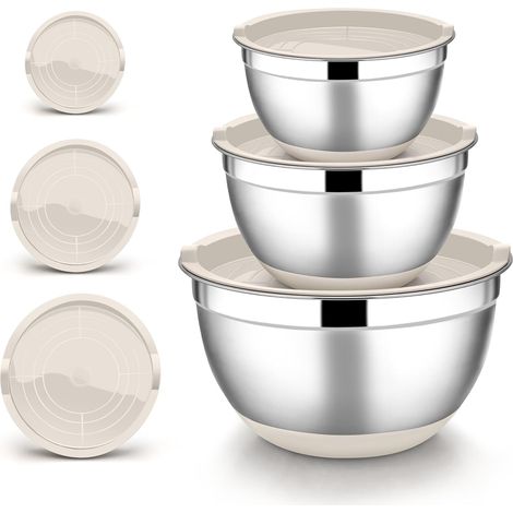 Lot de 3 bols mélangeurs en acier inoxydable avec couvercle hermétique et fond antidérapant - Pour cuisine, pâtisserie, préparation - Passe au lave-vaisselle - 4,6 l, 2,8 l, 1,2 l (1/5)