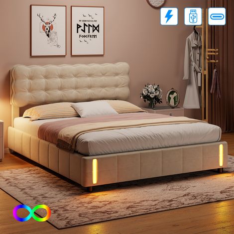 Lit coffre double adulte 140x190 cm avec rangement hydraulique, LED au pied du lit, velours beige capitonné